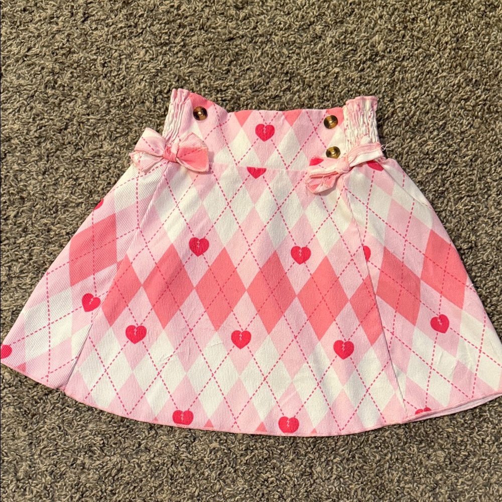 Girls’ Pink Argyle Skirt with Heart Pattern